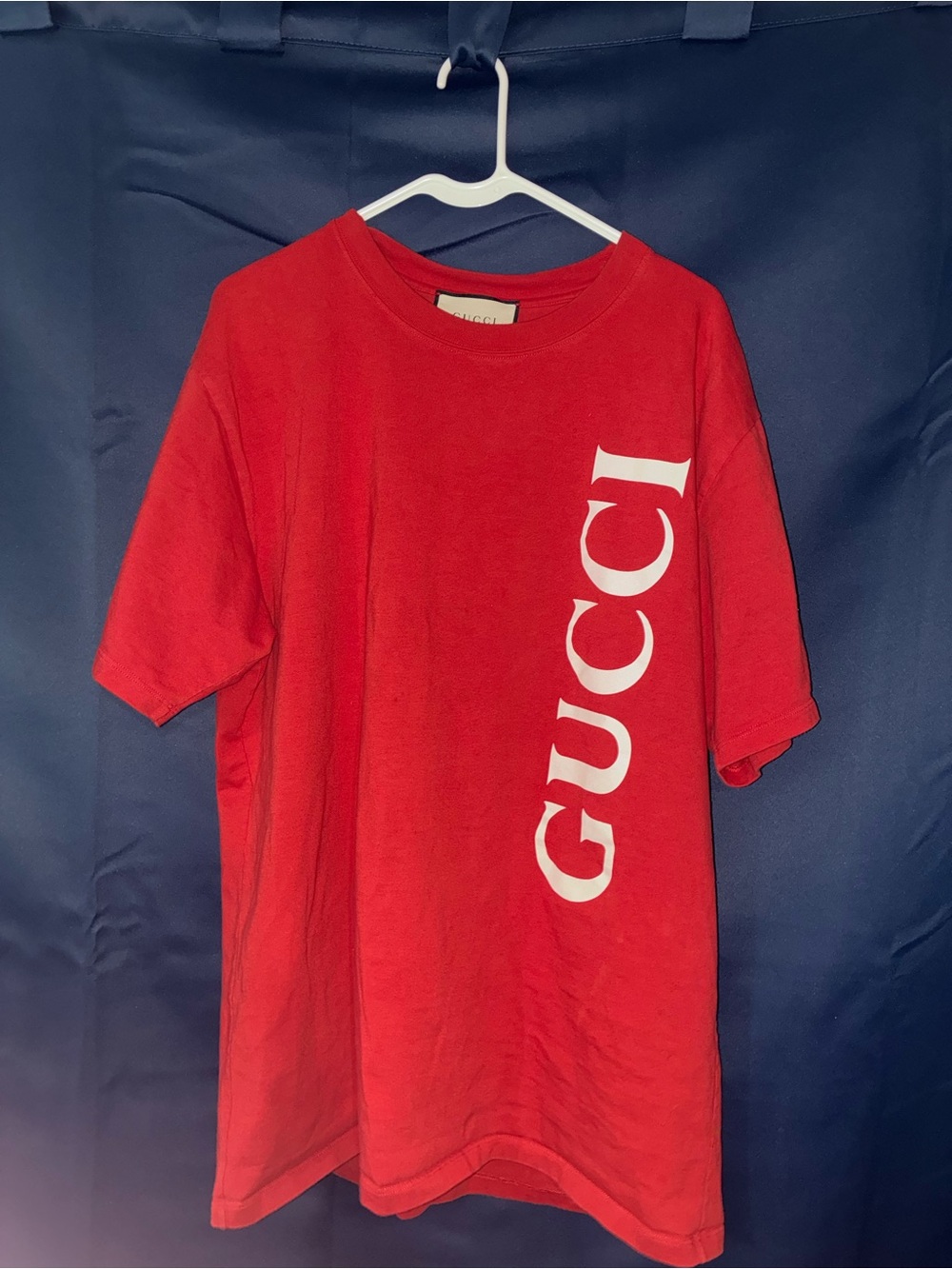 Gucci Red Short Sleeve Tee with Vertical White Logo